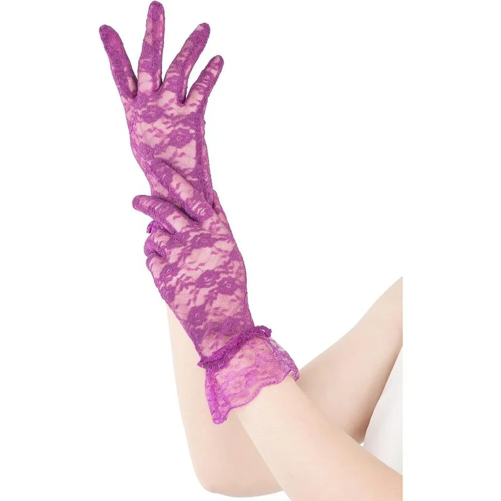 Women's Purple Short Nylon Mesh Imported Nylon Sheer Lace Ruffles Gloves